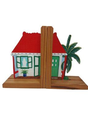 Hand-Painted Bookends Wooden House & Palm Tree 8" Tall Signed Mexico Caribbean